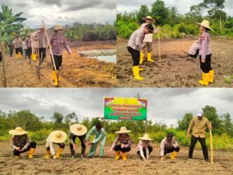 Kapolres Bintan AKBP Yunita Stevani bersama Sekretaris Dinas Pertanian Kabupaten Bintan, Kepala Desa Toapaya, PPL Kecamatan Toapaya, saat melakukan kegiatan program 2 Pemanfaatan Lahan Produktif di Kp. Bugis Rt.05 Rw.02 Desa Toapaya Kecamatan Toapaya pada Kamis (06/03/2025).